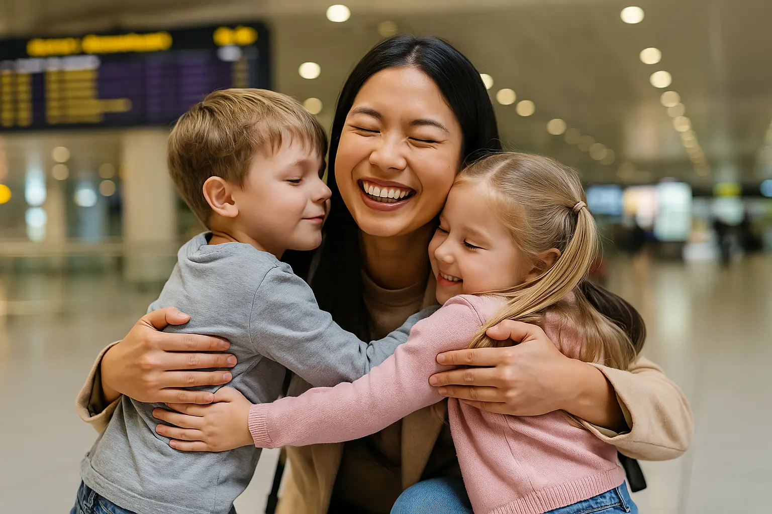 A mother and two children smiling